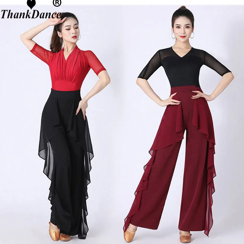 Korean Women High Waist Chiffon Latin Pants Modern Dance Practice Pant Ruffles Slim Casual Versatile Dance Wide Leg Trousers