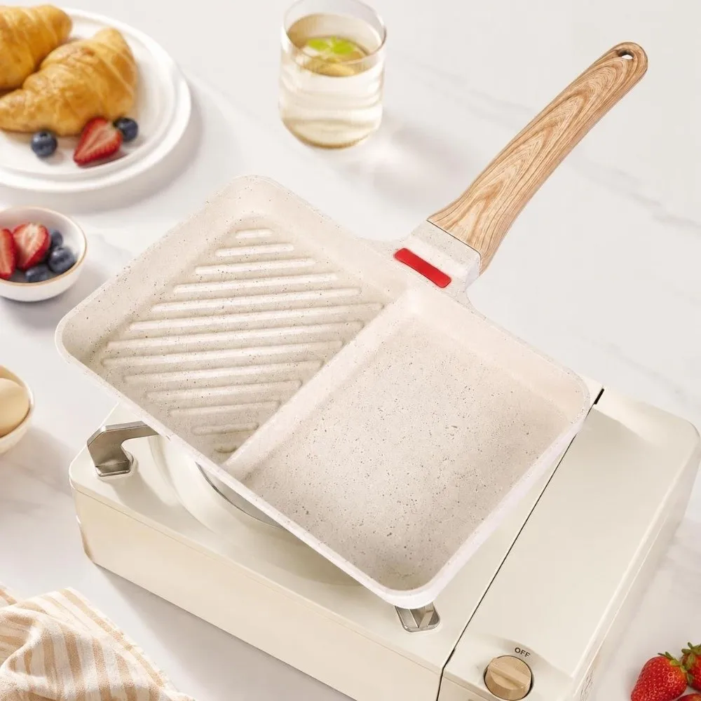 Maifan Stone Coating Divided Griddle Pan Temperature Sensing Wooden Handle Breakfast Skillet Grill Ridge Non Stick Grill Pan