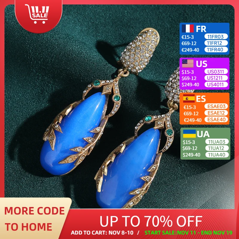 

Vintage Blue Stone Long Earrings Luxury Elegant Antique Gold Color Rhinestone Leaf Jewelry Accessories For Woman Wedding 2025