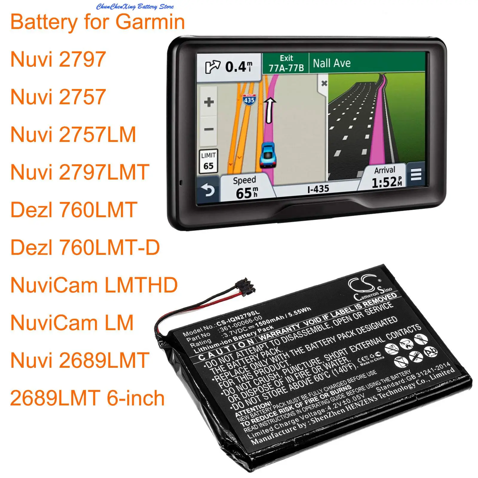 OrangeYu 1500mAh Battery 361-00066-00 for Garmin Dezl 760LMT, Dezl 760LMT-D, Nuvi 2757, Nuvi 2757LM, Nuvi 2797, Nuvi 2797LMT