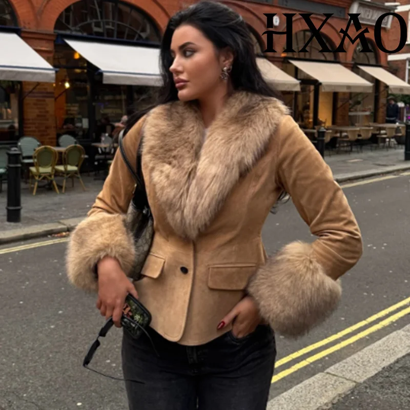 HXAO بليزرات للمرأة فو الفراء سترة المجهزة اقتصاص فو الجلود سترة جلد الغزال للنساء طويلة الأكمام أنيقة المرأة السترة معطف #1