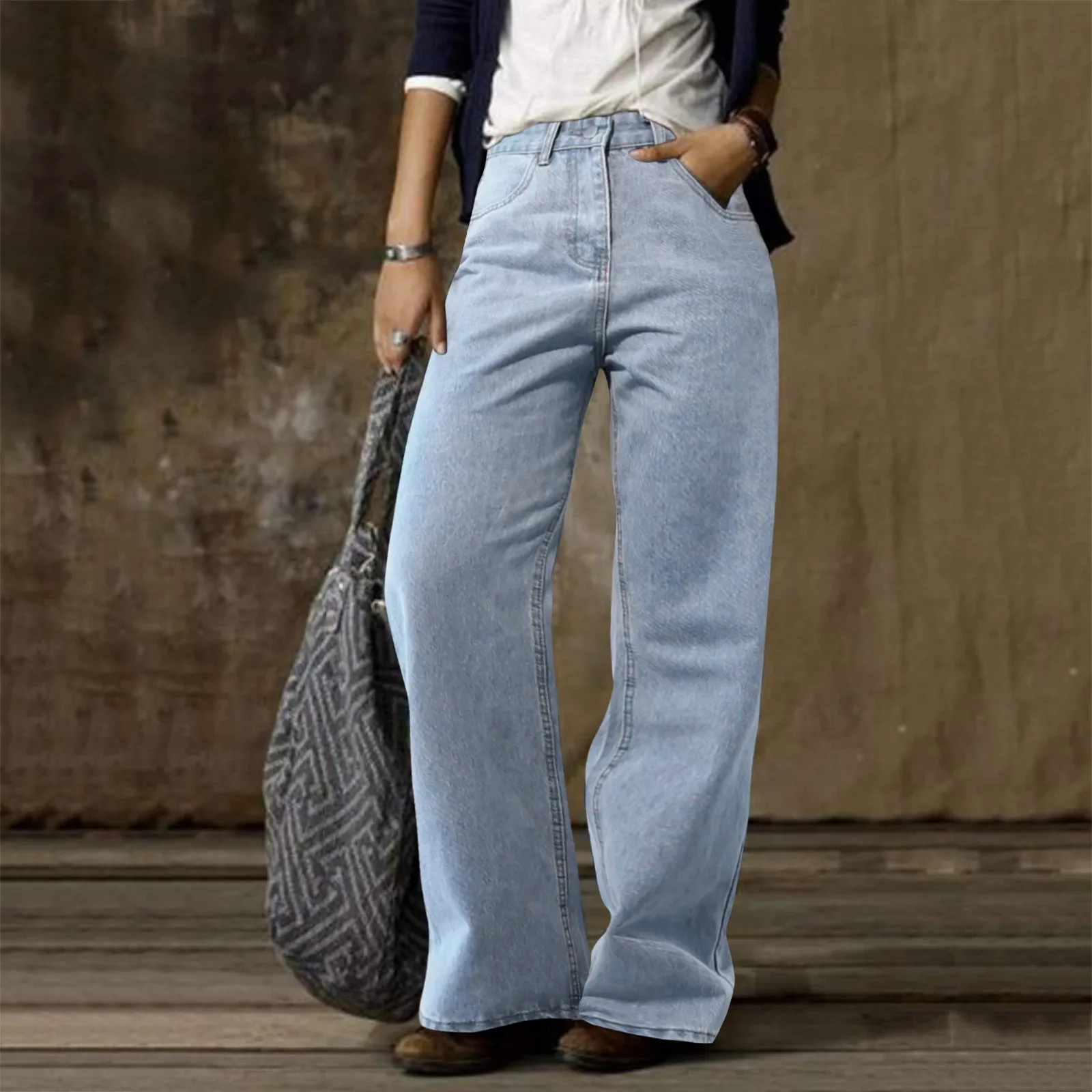 

Fashion Straight Jeans Women High Waist Streetwear Light Blue Boyfriend Denim Pants Ladies Wide Leg Long Jeans For Women 2024