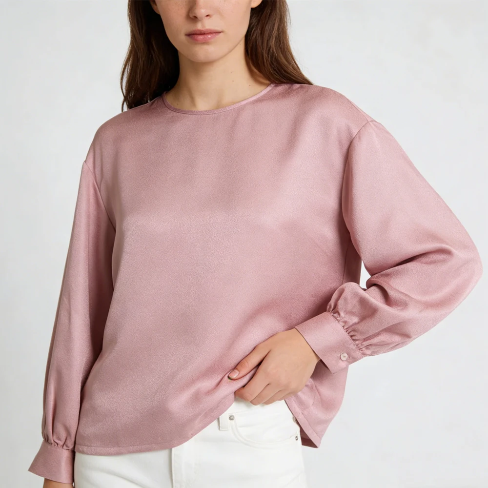 2026 Women's Fashion Spring Clothing 100% Natural Mulberry Silk Satin Skin Friendly Round Neck Long Sleeve Pink T-shirt