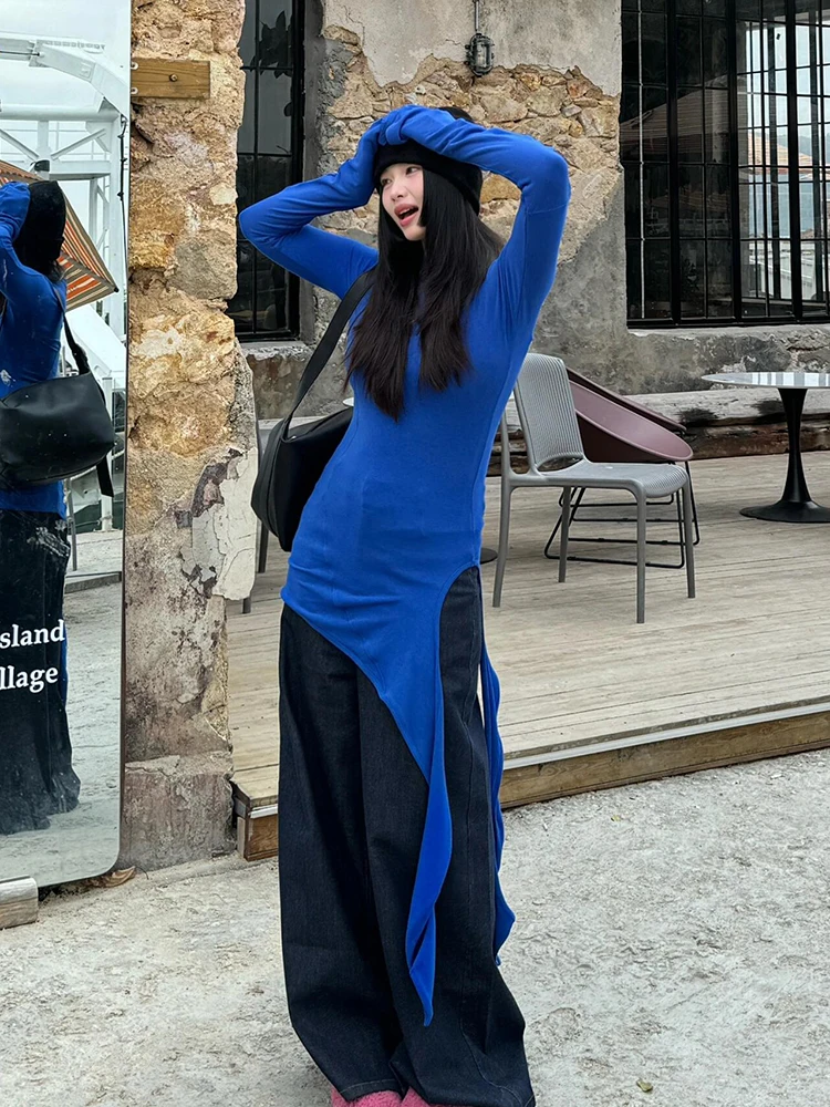 Cseta de Manga Larga de Seda de Hielo Azul Klein con Corte Irregular para Mujer, Protección Solar, ra y Fresca para Ve...