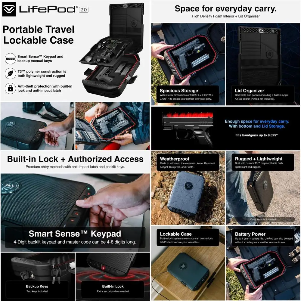 

Полноразмерный водонепроницаемый кейс для пистолета с замком, стальным тросом и замком TSA, портативный дорожный сейф для автомобиля, черный