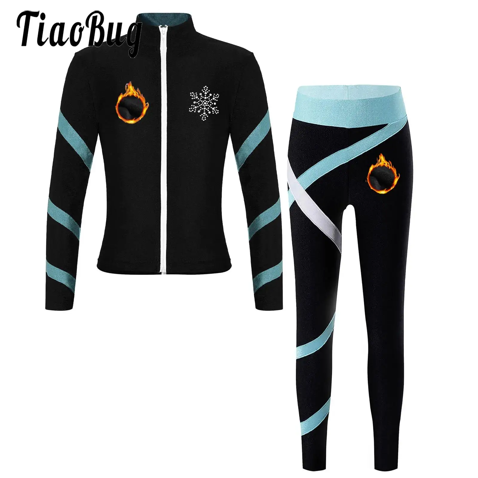 

Girls Warm Fleece-Lined Sports Set Long Sleeve Zipper Coat And Leggings Winter Suit for Figure Skating Gymnastics Dance Workout