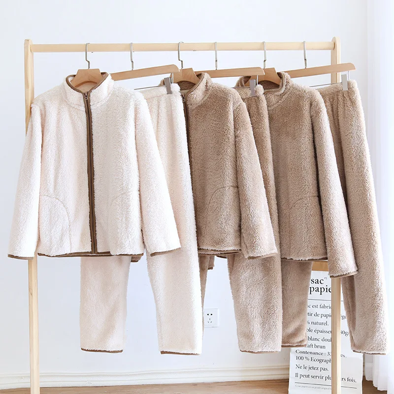 

Новые коралловые бархатные пижамы, женские осенне-зимние плотные теплые фланелевые пижамы на молнии, однотонный комплект для домашнего интерьера