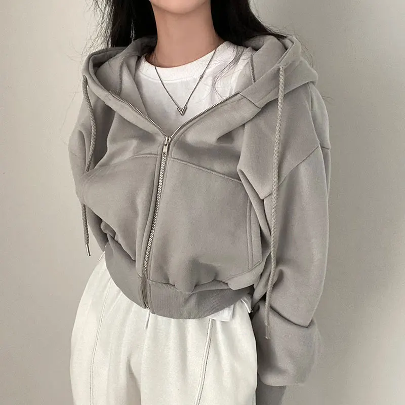 Autumn Zipper Simple Drawstring Hooded Casual Short Loose Athletic Long Sleeve Sweatshirt Cardigan Jacket Women Clothing