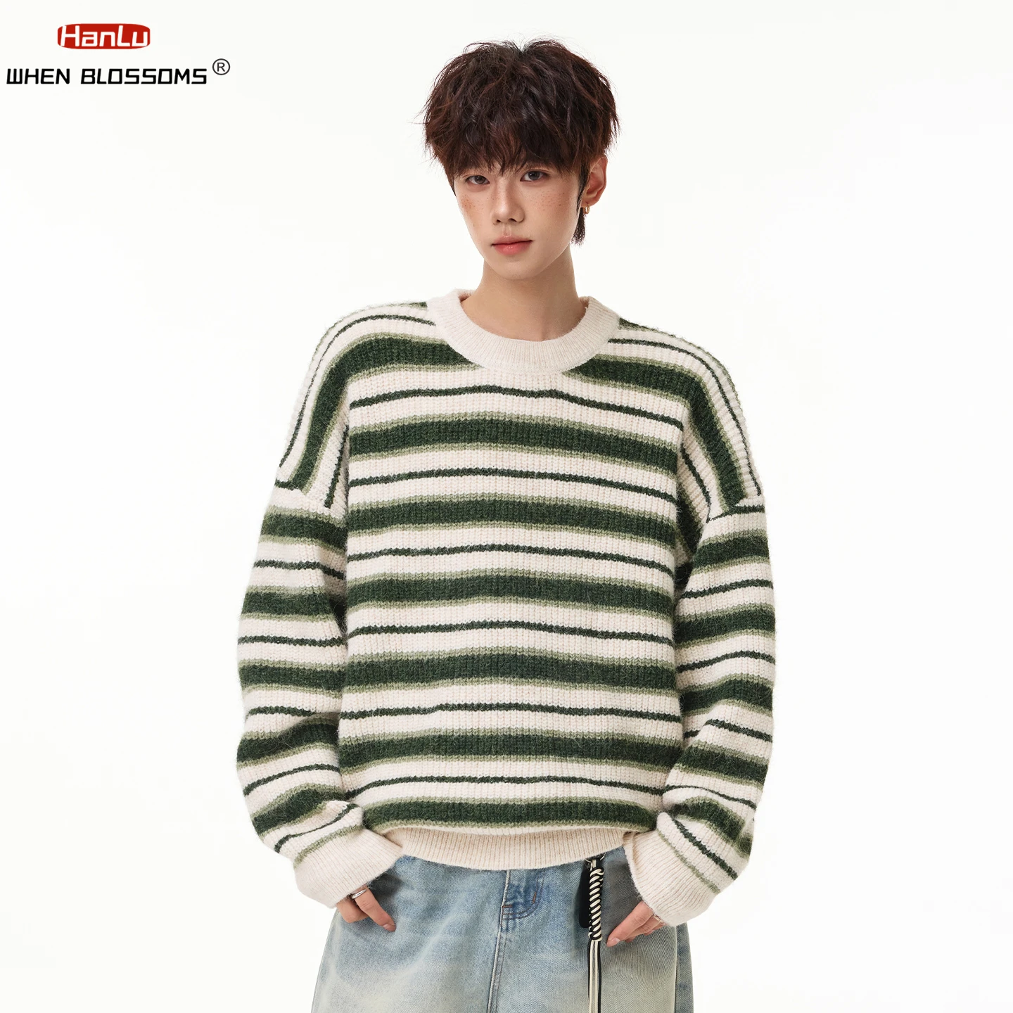 Men‘s Japanese Vintage Striped Sweater Crew Neck Color Block Loose Knit Pullover Casual Knitwear