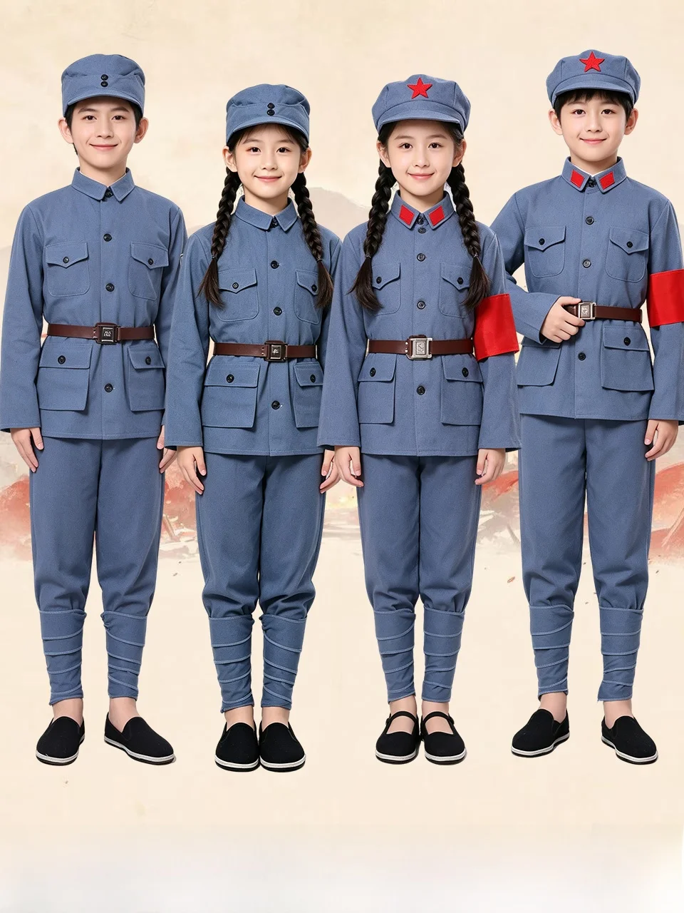 子供用赤軍パフォーマンス衣装綿麻セット八路軍服輝く赤い星新四軍反戦歌合唱スーツ