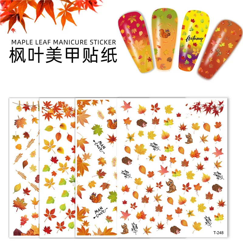 Hot selling nail art maple leaf nail stickers in autumn and winter, maple squirrel nail stickers with adhesive backing