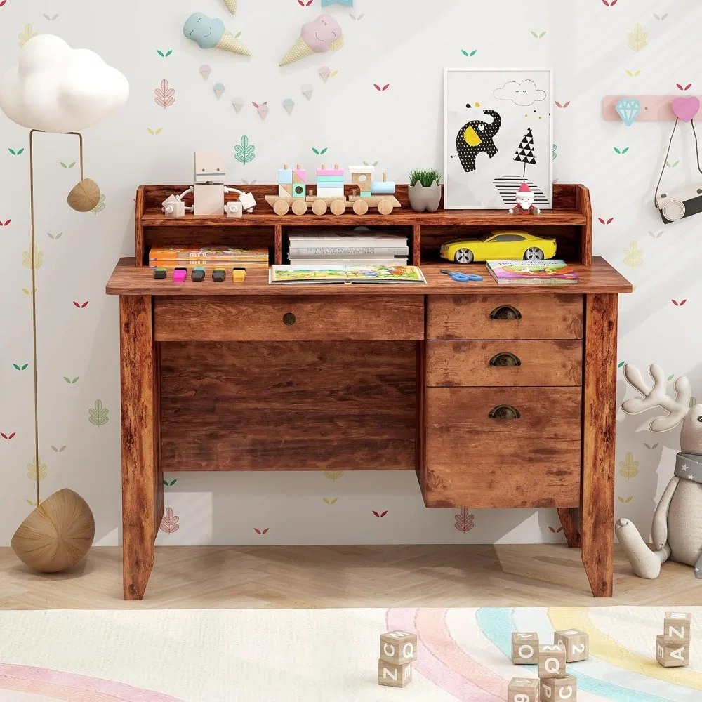 Biurko komputerowe 122 cm z 4 szufladami i półką, drewniane biurko executive na komputer stacjonarny lub laptop.