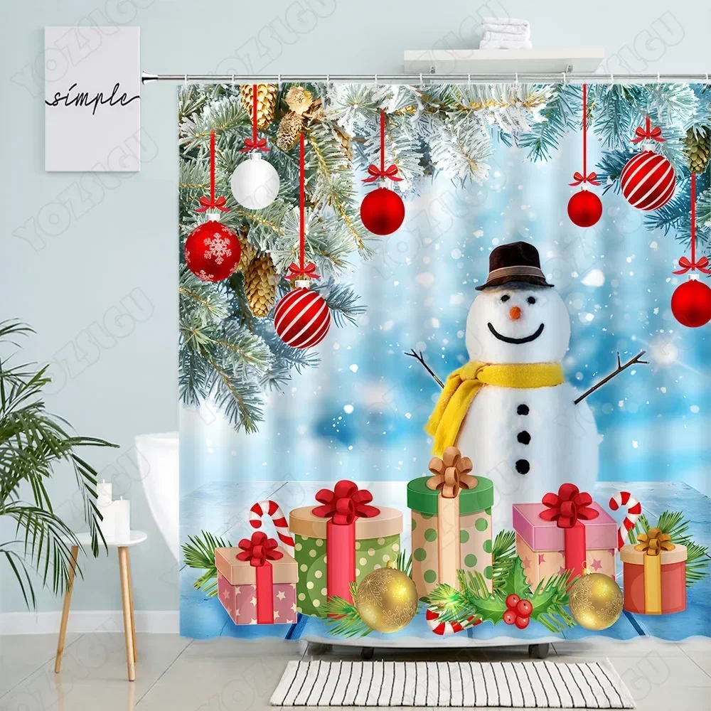 Cute Snowman Christmas Shower Curtains Red Rope Ball Pine Branch Snow Gift Creative Xmas New Year Bathroom Decor Bath Curtain