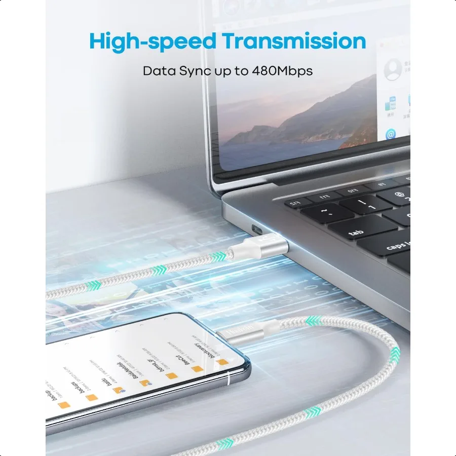 Kabel USB C Putih 10 kaki Panjang Kabel USB A ke USB C Pengisian Cepat Kabel Charger USBC Terjalin Kompatibel dengan iPhone 16 15 Pro Max