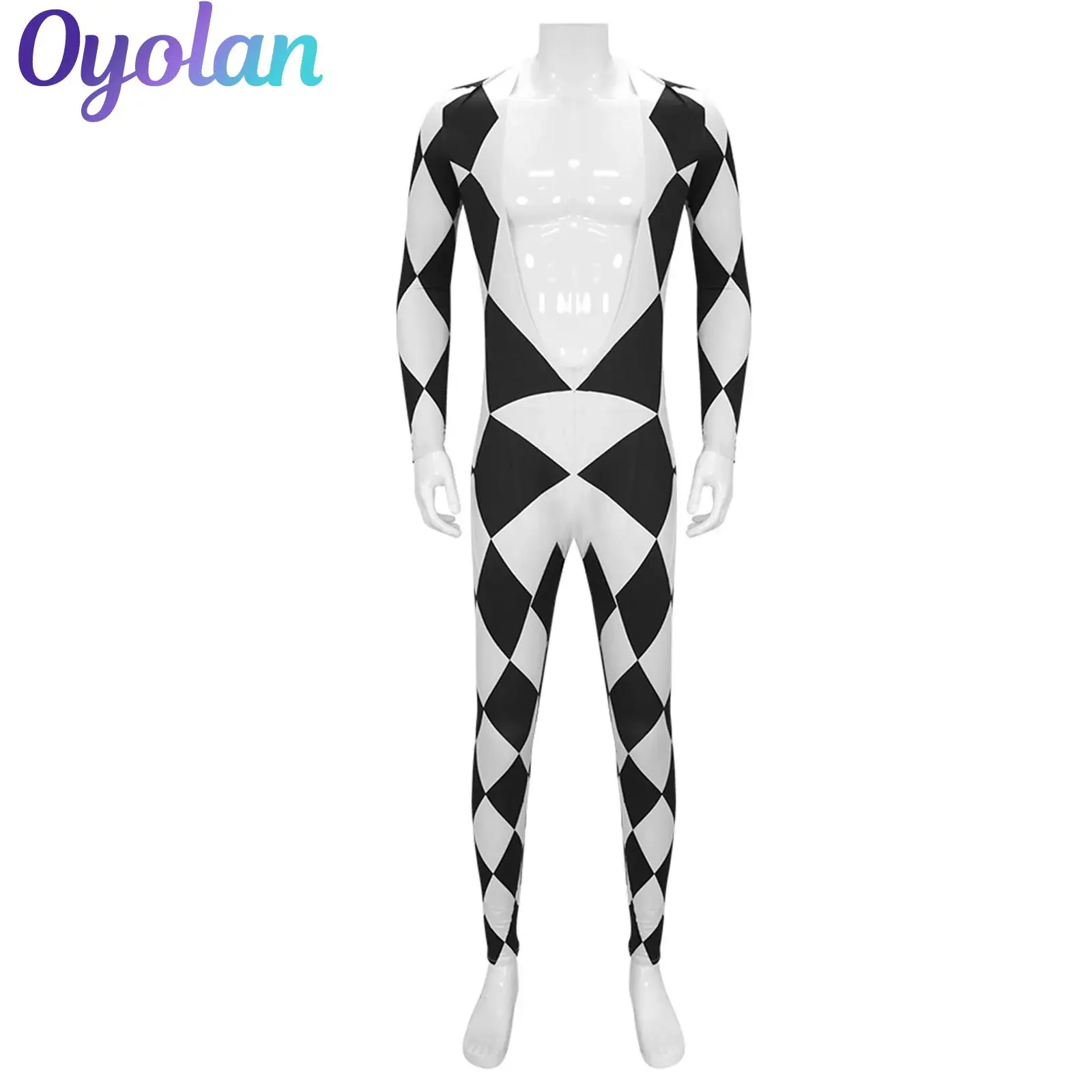 

Mens Halloween Circus Clown Harlequin Singer Cosplay Jumpsuit Black White Checked Pattern Deep V Neck Leggings Bodysuit Rompers