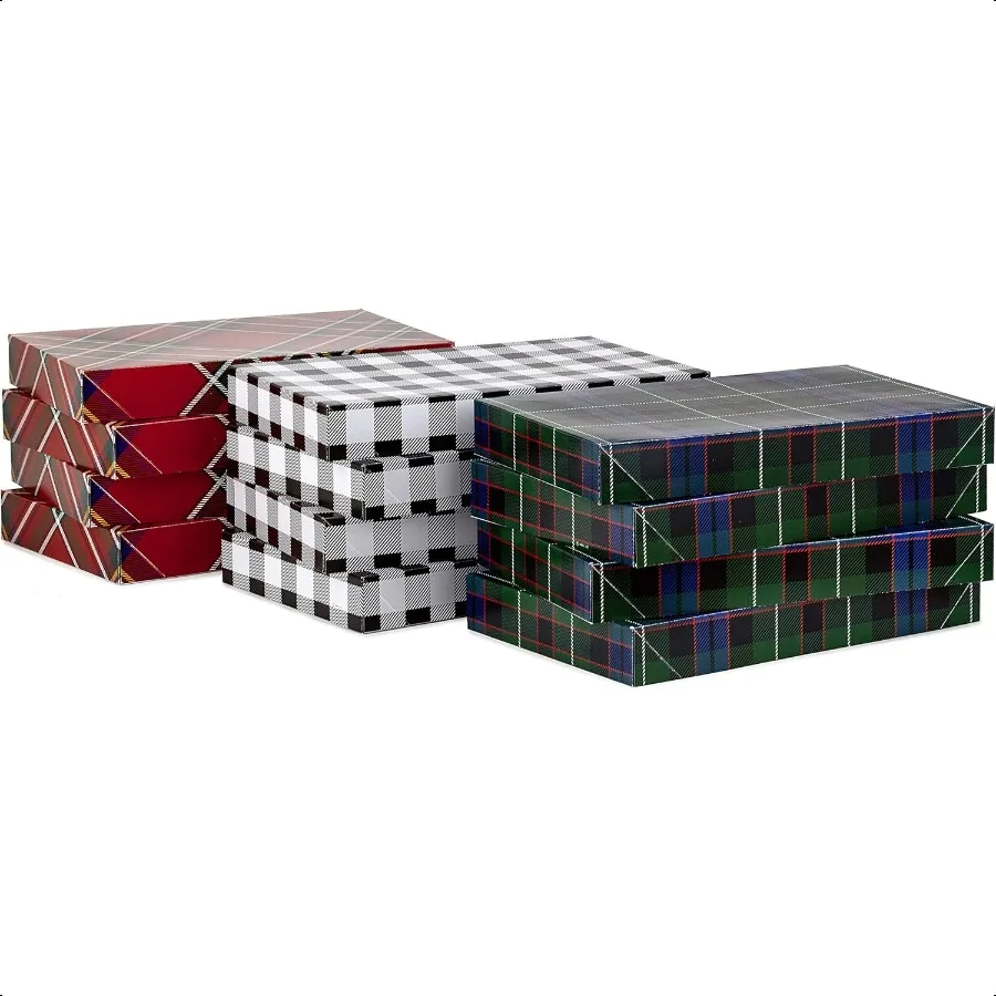 Medium Gift Boxes with Lids 12 Shirt Boxes 3 Designs: Buffalo Check Red Plaid Green Tartan for Christmas Holiday Parties Host G
