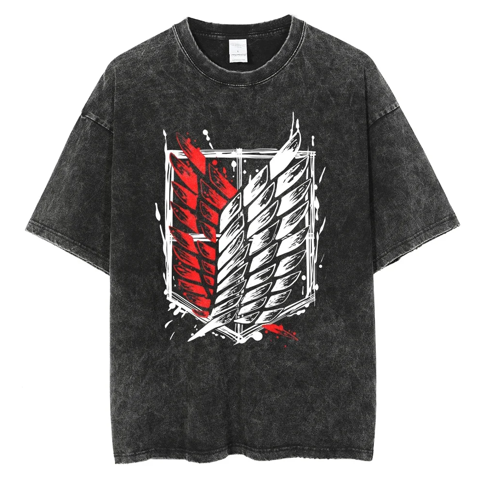 Oversized Attack on Titan Washed Summer T-Shirt, Vintage Distressed Anime Graphic Streetwear for Men Women, Survey Corps AOT Tee