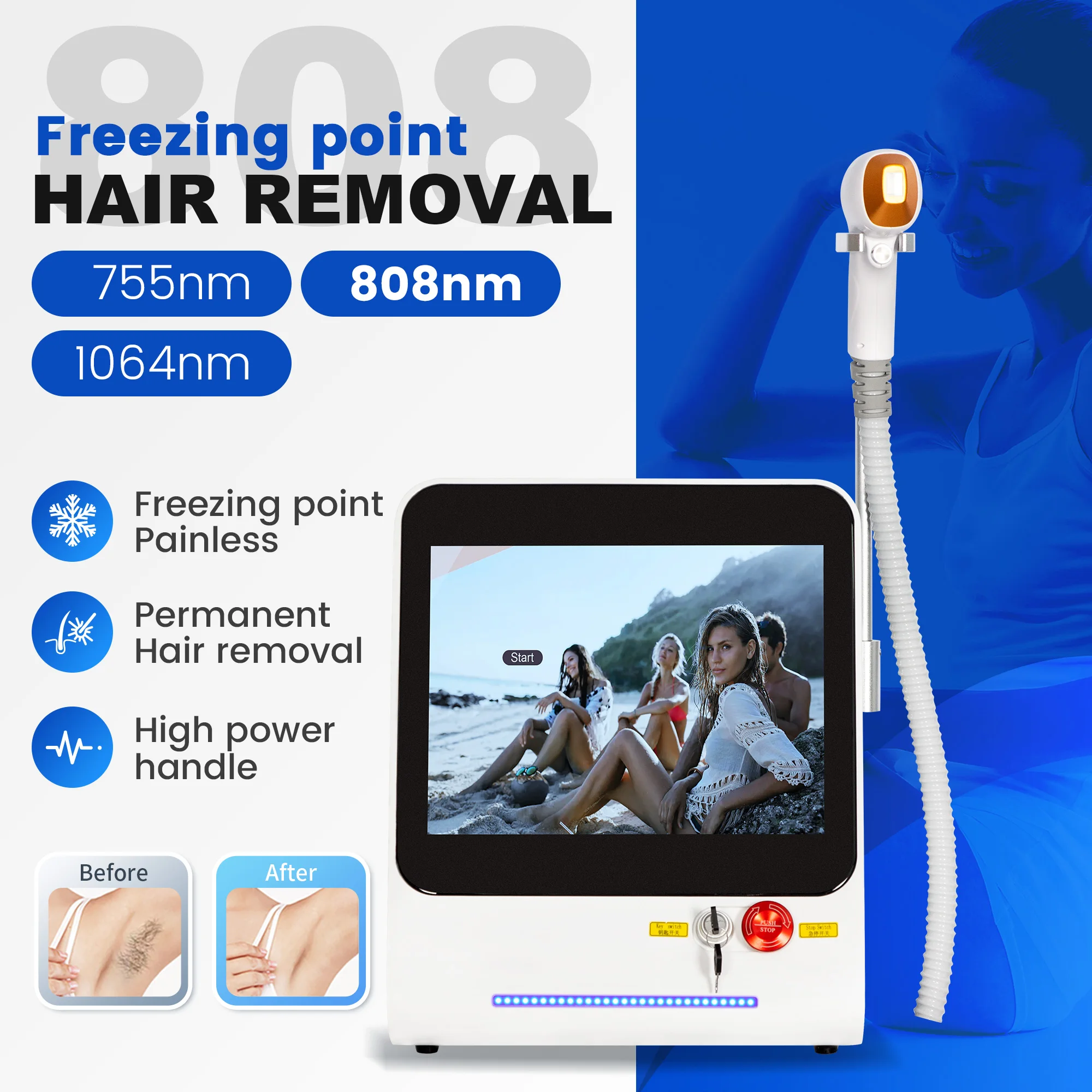 

Профессиональный ледяной титановый диодный лазерный эпилятор 808 755 1064 нм трехволновой 10 бар эпилятор