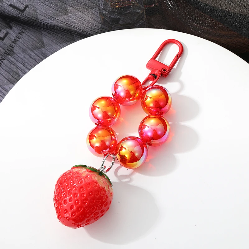 1PC Strawberry Cherry Red Beads Keychain Keyring For Women Girl Friend Simulated Fruit Bag Car Key Holder Airpods Box Jewelry