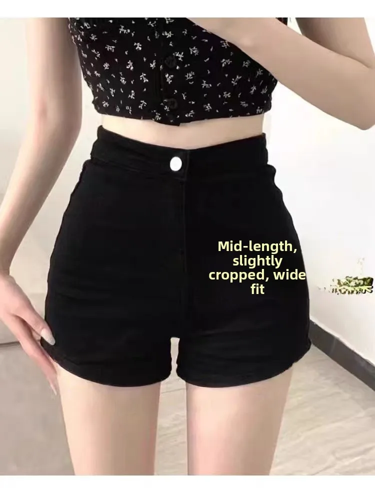 

Black Denim Shorts Women's Summer Trendy Small Size High Waist Spicy Tight Elastic Butt Short Hot Pants Casual Pure Color Hig...