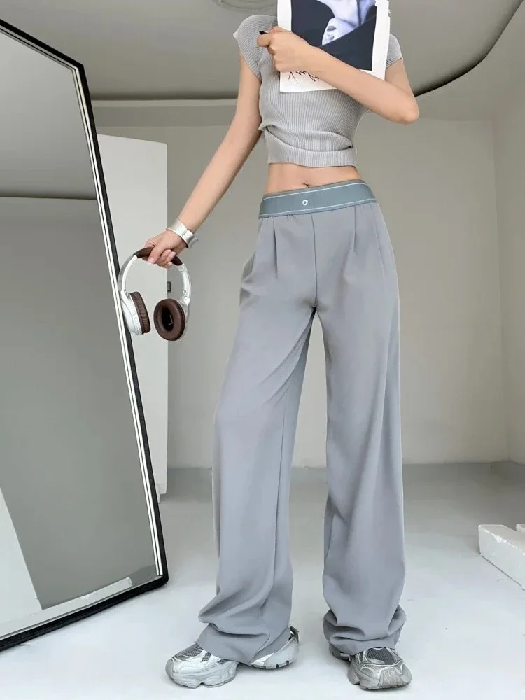 ハイウエストストレートパンツ女性アメリカンスタイルストリートウェア黒ワイドレッグパンツ女性レジャールーズ弾性ウエストパンツ