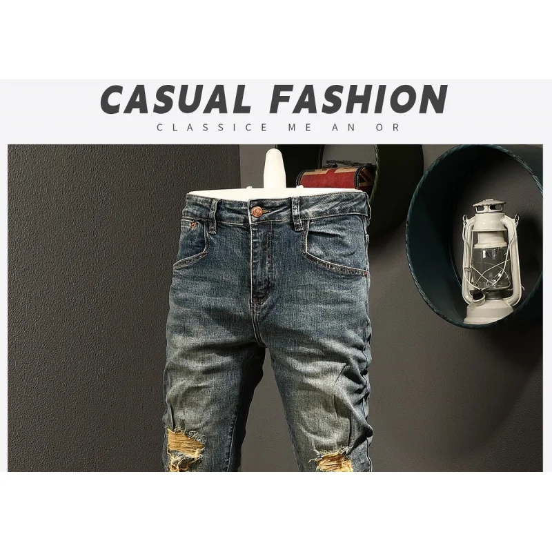 

Nostalgic retro jeans men's stretch fashionable ripped patch slim fit small foot trendy brand long pants