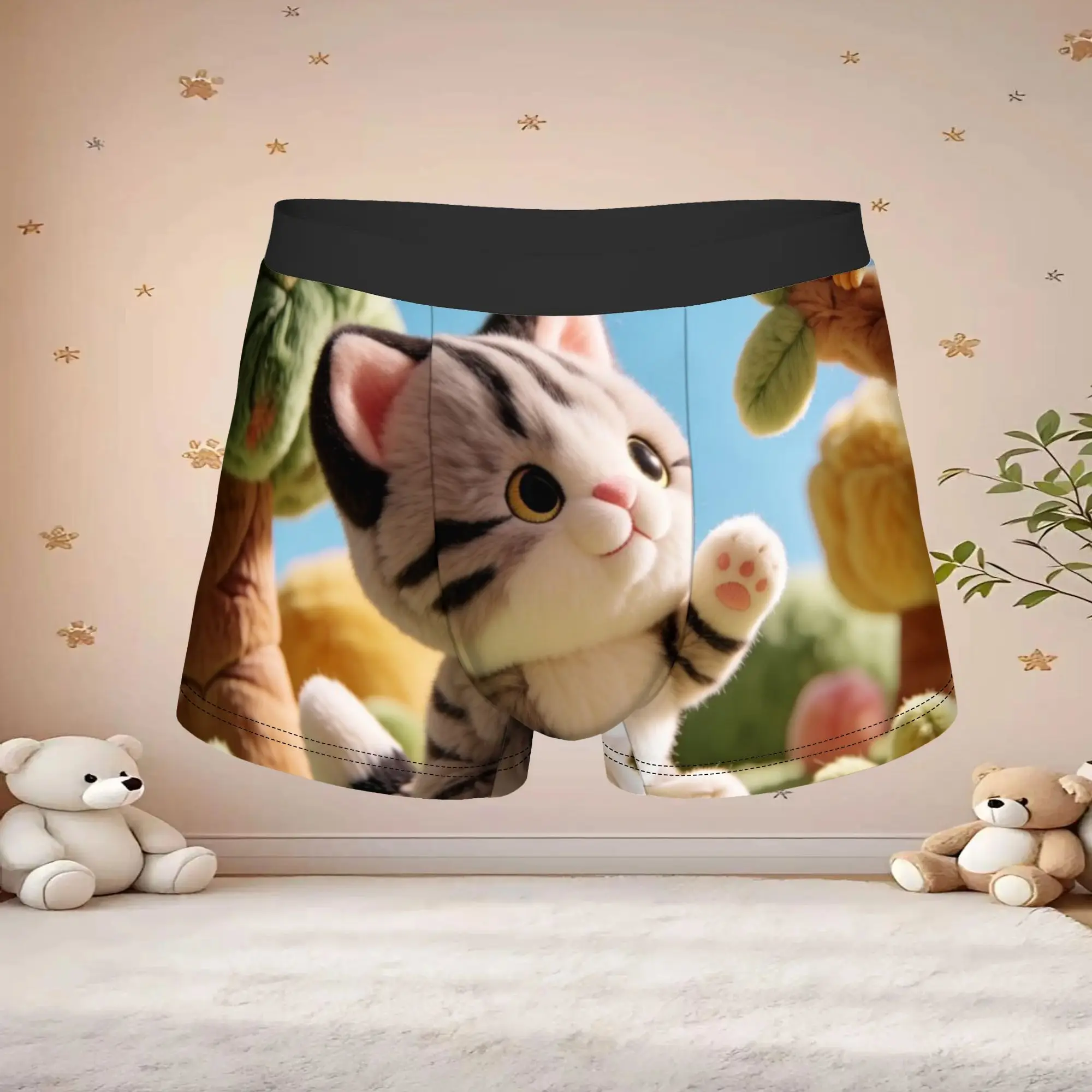 1pc Vintage Cute Kitten Forest Nature Pattern Underpants Breathable Panties Men's Underwear Cool Shorts Boxer Briefs