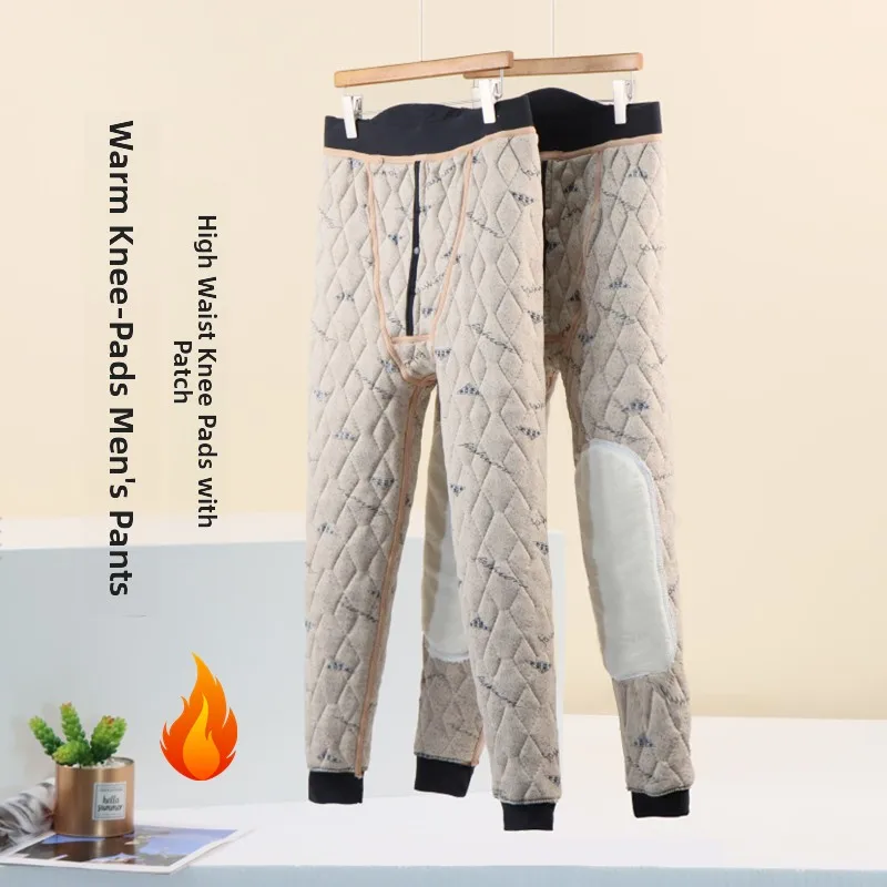 Men's High Waist Thickened Fleece Lined Slim Fit Warm Pants Autumn Winter Long Trousers Knee Pad Indoor Home Comfortable Pants