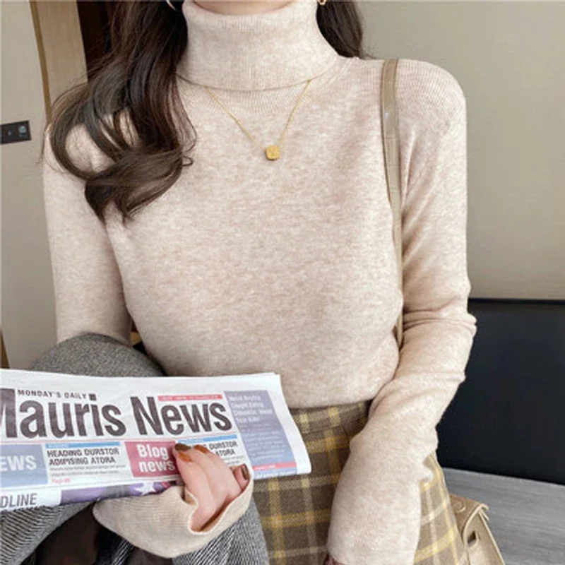

Spring/Autumn Turtleneck Long Sleeve Bottom Shirt Women White Interior Knitted Shirt French Retro Sweater Fashion Tops 31106