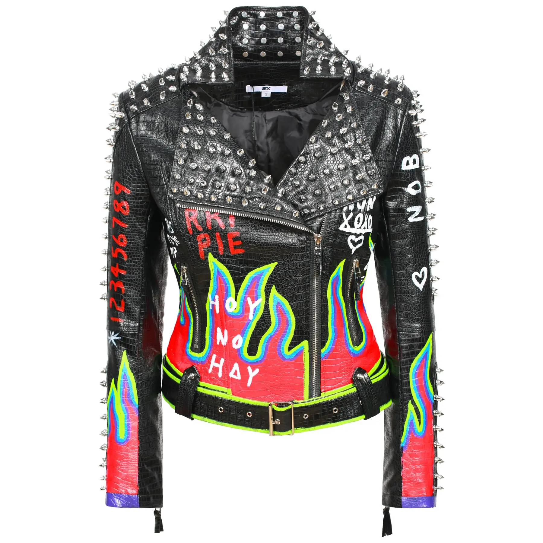 New Women\'s Pu Leather Jacket Hand-painted Pattern Fashion Studs Perfect Shaping Bicycle Motorcycle Zipper Coat