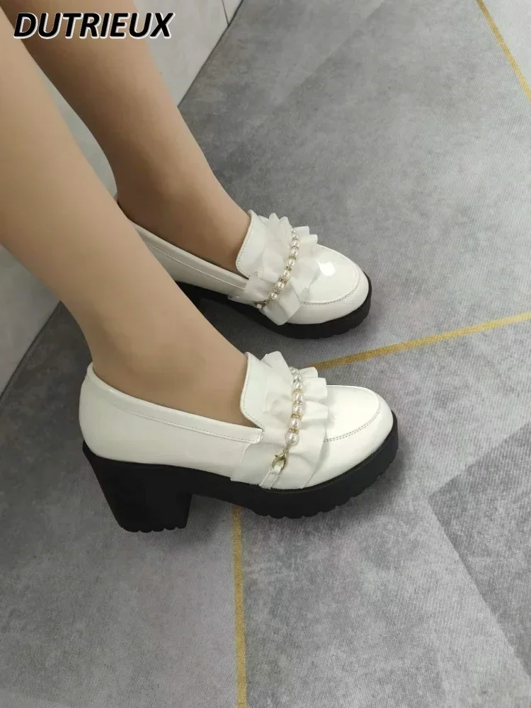 

sweet Fairy Style White High-Heeled Leather Shoes Mine Series Mass-Produced Spring All-Matching Loafers Women's High Heels