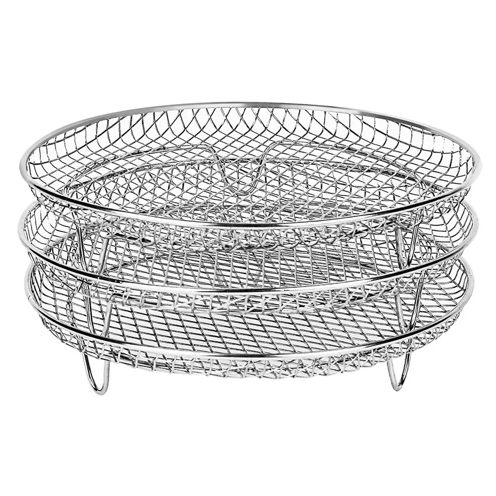 A86I-8-Inch 3-Layers Air Fryer Rack Stackable Grid Grilling Rack Stainless Steel Round Rack for Home Kitchen Oven Cooker