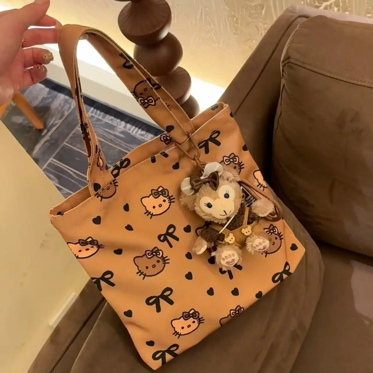 Novo dos desenhos animados sanrio olá kitty bolsa menina lona sacola kitty bonito grande capacidade saco de almoço versátil saco de armazenamento estudante