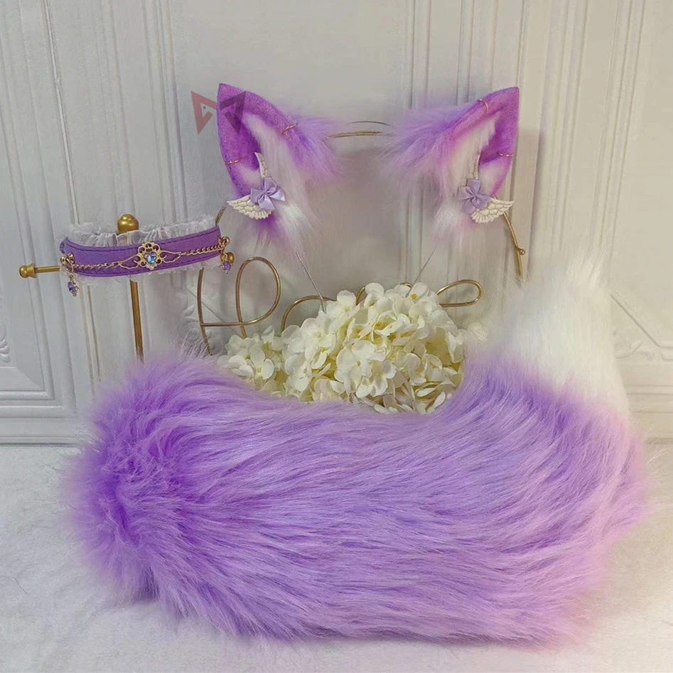 MMGG Nowe Fioletowo-Czarno-Purpurowe Uszy Lisa Neko Opaska do Włosów Naszyjnik Kolczyki Lolita Halloween Anime Cosplay Akcesoria do Kostiumu