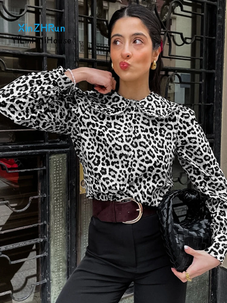 New Women's Doll Collar Single Breasted Leopard Print Fashionable Versatile Women Shirt Niche Lapel Pure Cotton Long Sleeved Top