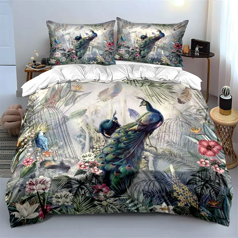 Watercolor Tropical Peacock Bird Cage Palm Floral Bedding Set 3pcs,Exotic Jungle Peony Leaf Print 1 Duvet Cover And 2 Pillowcase