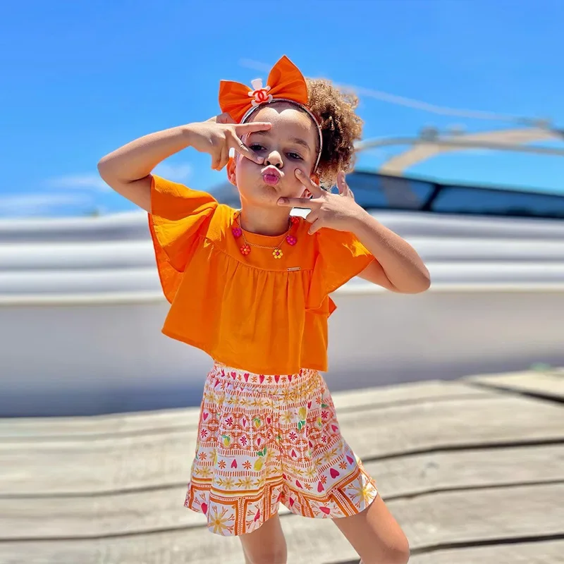 

Summer Baby Girls Clothes Sets Kids Casual Solid Ruffles Short Sleeve T-shirt Crop Top + Heart Print Shorts Children Clothing