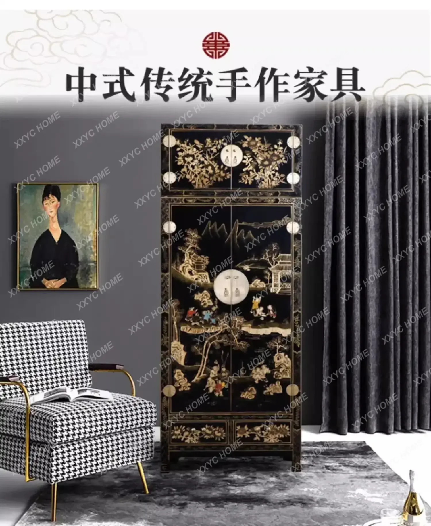 New Chinese-style gold-painted top box cabinet Classical painted antique solid wood wardrobe