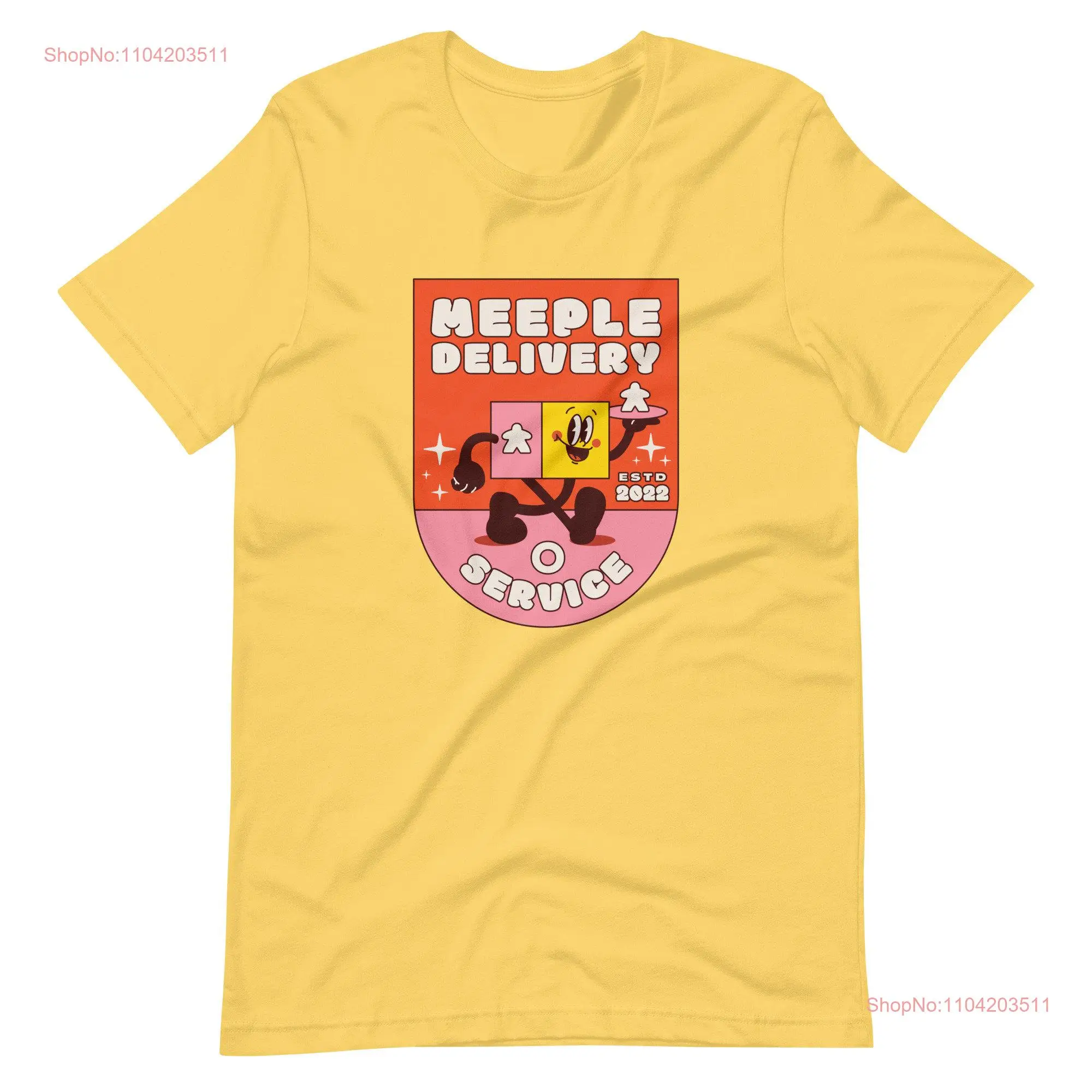 Meeple T Shirt Board Game Delivery Service Retro Yellow Red Pink Illustrated Box Soft Bella Canvas Gamer