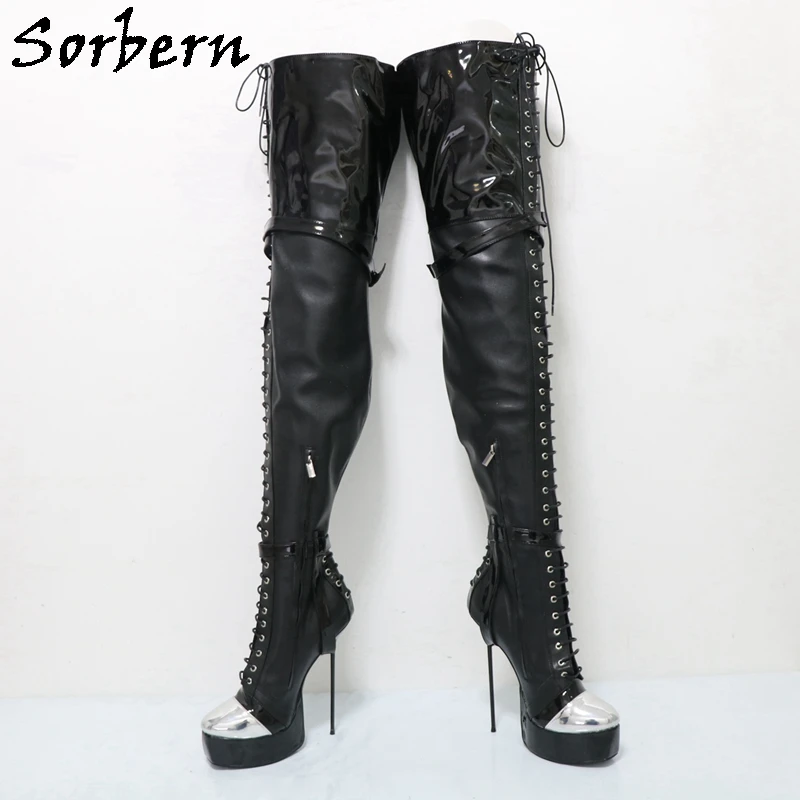 Sorbern Super Thin High Heel Boots For Women Stilettos Silver Round Toe Visible Platform Shoes Crotch Thigh High (Eu45 In Pic)