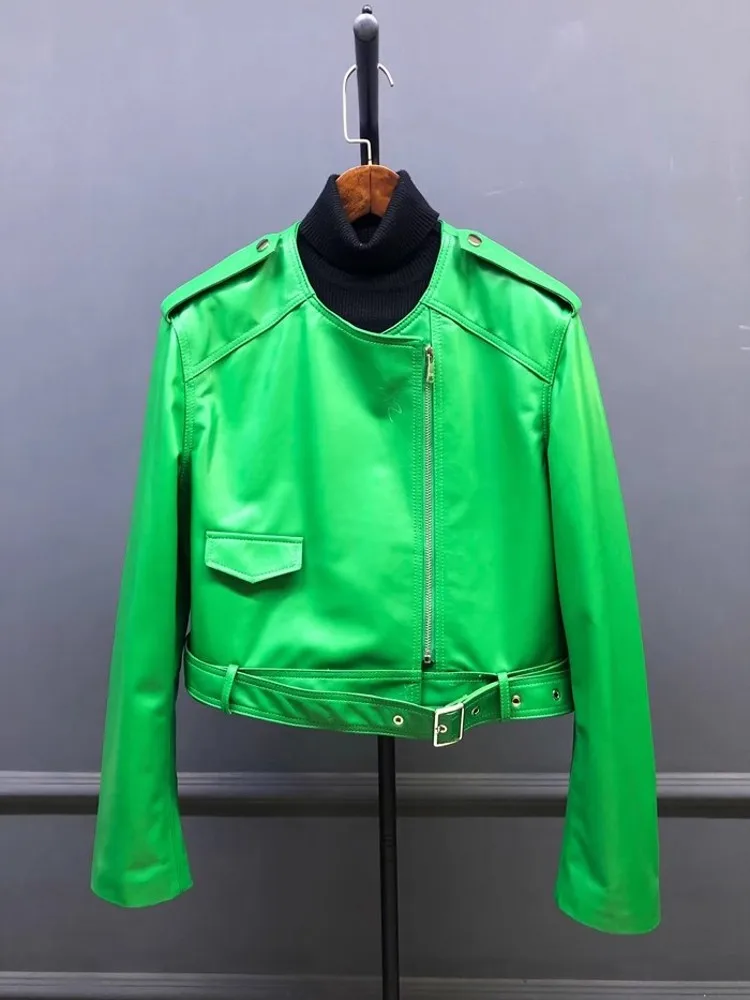 Herbst Frauen Motorrad Biker Weiche Schaffell Echtes Leder Jacke Zipper O Neck Arbeit Cargo Jacke Mode Winddicht Punk Mäntel