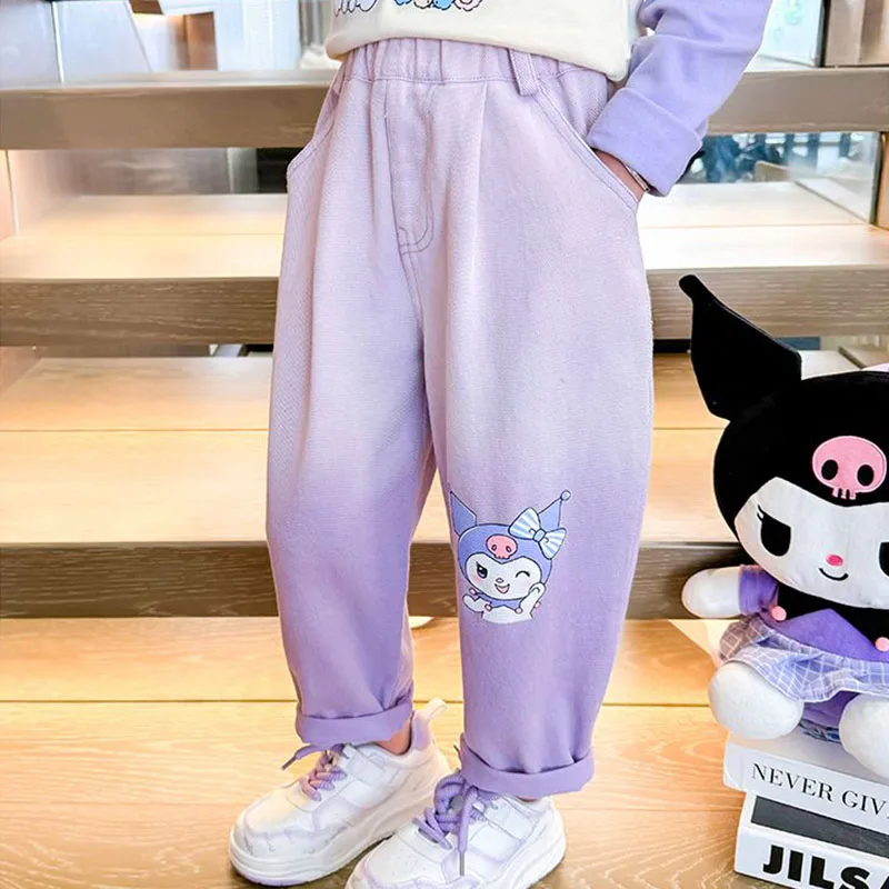 Girls Autumn Clothes Fashion Casual Pants Sanrios Kuromi Children's Elastic Waist Trousers Cartoon My Melody Sling Dye Pants