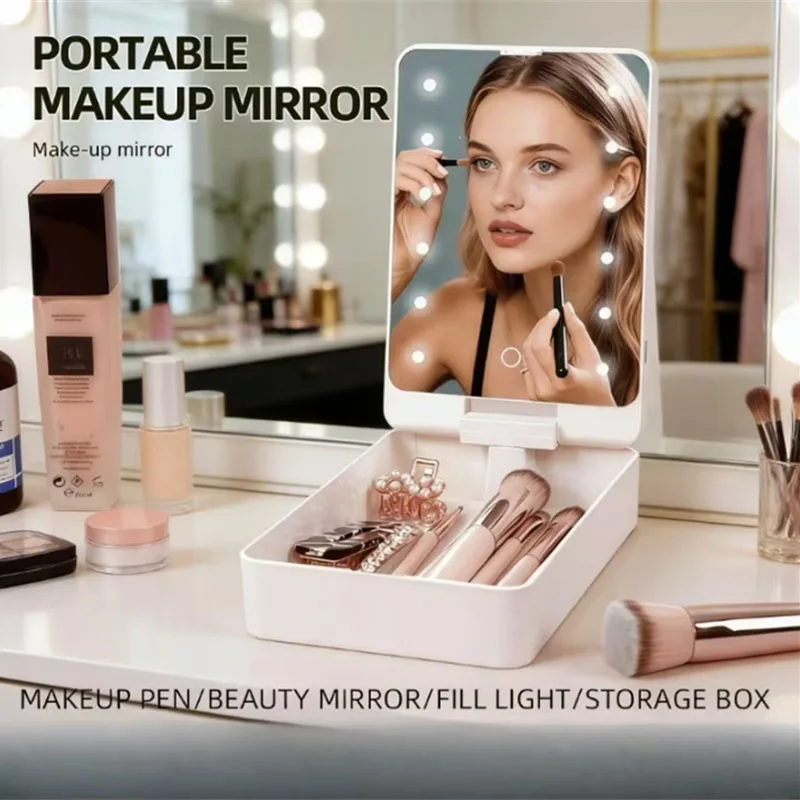 

Portable Makeup Brush Storage Box With LED Mirror Touch Control Travel Rechargeable Cosmetic Tools Makeup Brushes Organizer Case
