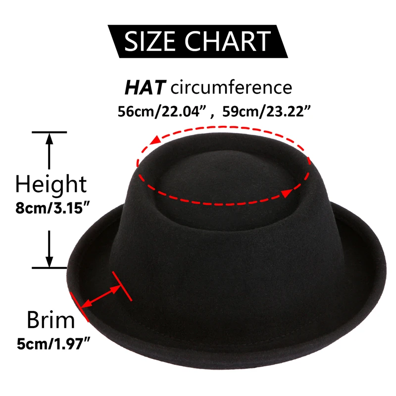 GEMVIE 100% Wool Felt Pork Pie Hat Women Men Porkpie Hat Curved Brim Pork Pie Wool Hat Unisex Autumn Winter Fedora Hat