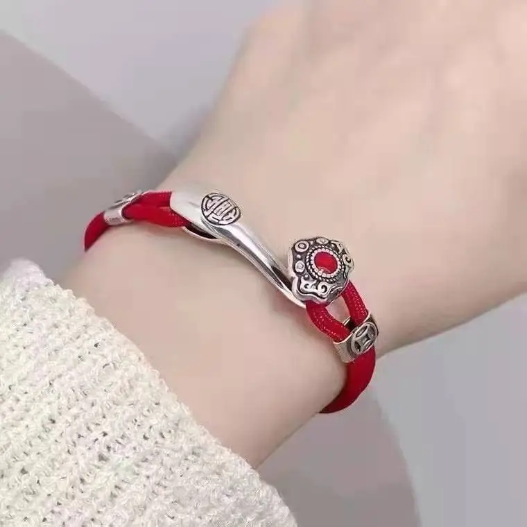 

Браслет из стерлингового серебра с благоприятным красным шнуром, сотканный вручную, китайский знак зодиака, год, винтажная пара, соответствующие регулируемые ювелирные изделия унисекс ‌
