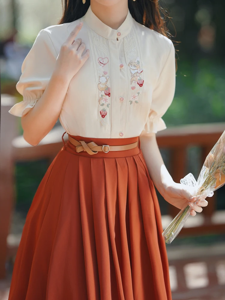 Fashion Sweet Two Piece Skirt Set Women Summer Short Sleeve Embroidery Shirt and Pleated Long Skirts Outfits