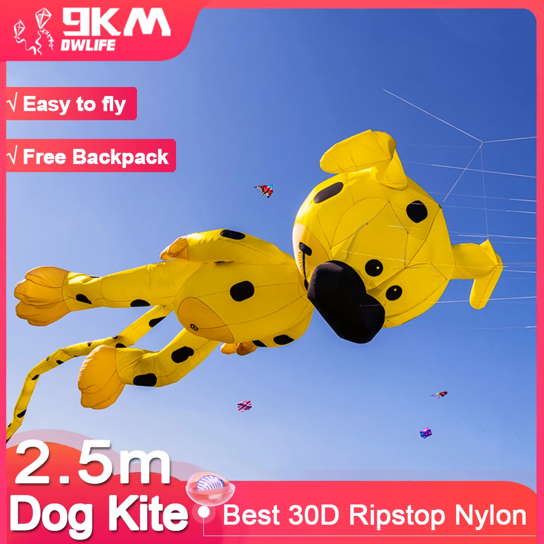 9KM 2.5m Fleck Dog Kite Line Laundry Pendant Soft Inflatable Show Kite for Kite Festival 30D Ripstop Nylon Fabric