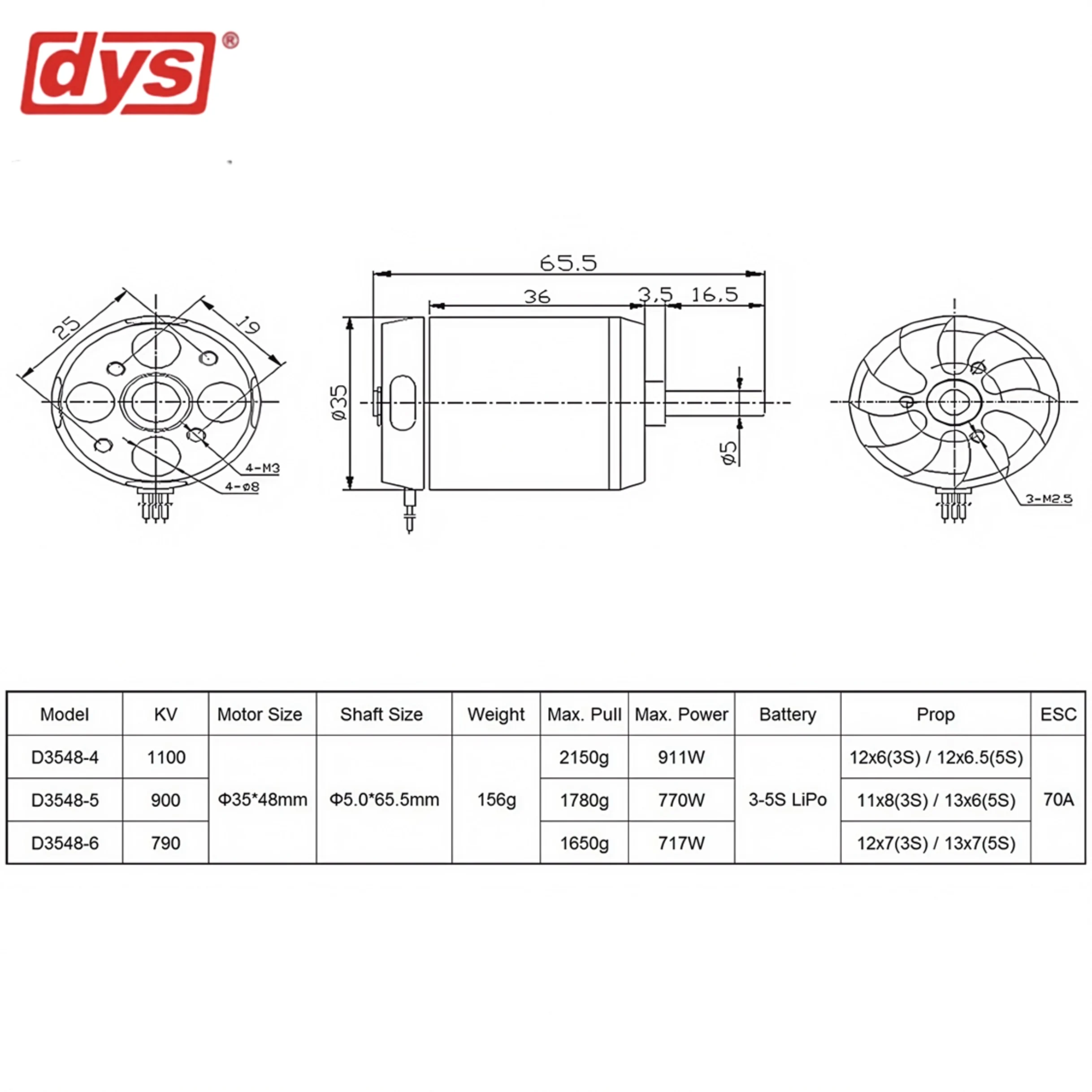 DYS D3548 790KV 900KV 1100KV Motor sem escova 3-5S para drones de asa fixa RC Multicopters Avião Helicóptero