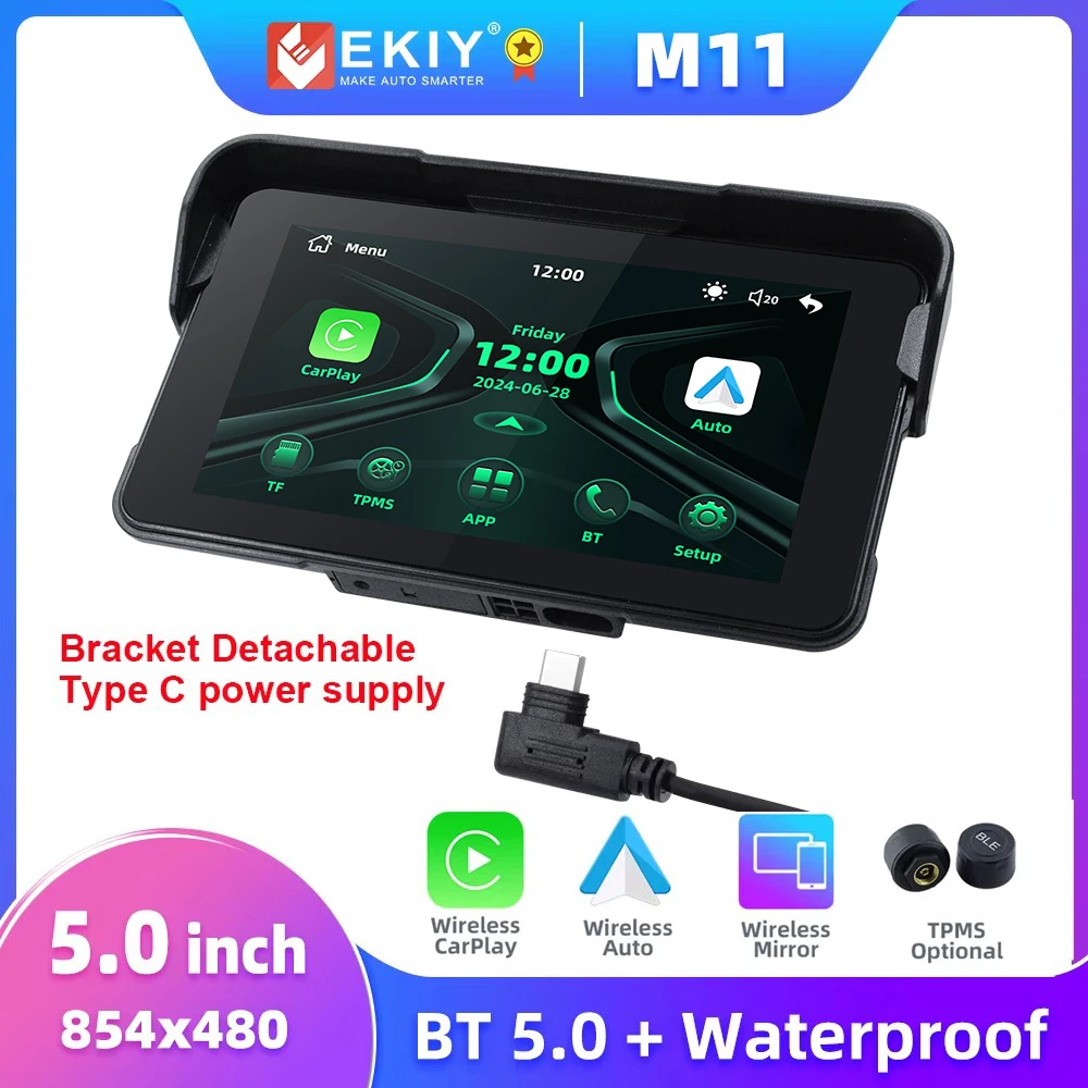 EKIY 5インチ バイク用ワイヤレスCarPlay Android Auto対応