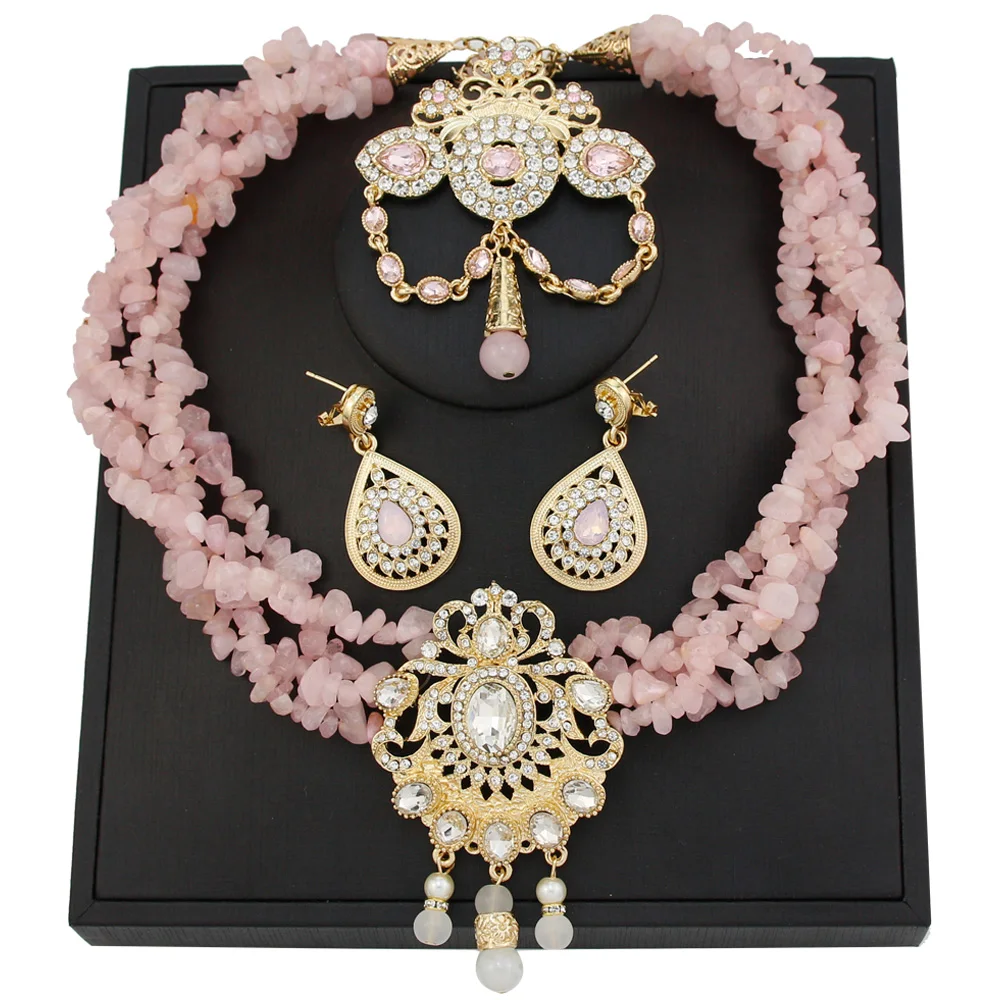Sunspicems Pink Color Stone Choker Necklace Caftan Brooch Earring Morocco Bridal Wedding Jewelry Set Gold Plating Arab Bijoux
